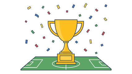 Golden Sports Trophy on Football Field with Confetti Celebration Minimal Flat Vector Illustration © pikcraft