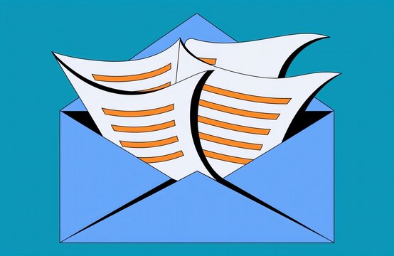 Vector Illustration of an Open Blue Envelope with Multiple Paper Documents for Business Communication