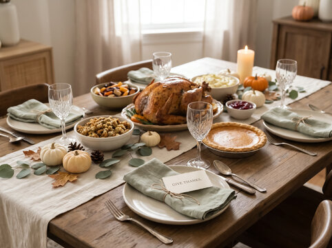 Beautiful empty Thanksgiving dinner table ready for family feast
