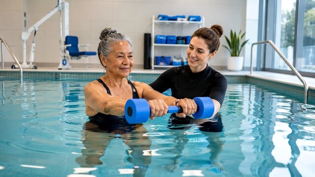A physical therapist and an older woman in a pool with weights