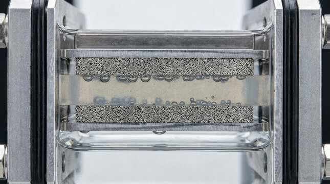 Electrolyzer cell stack with bubbles forming, showcasing innovative technology energy conversion