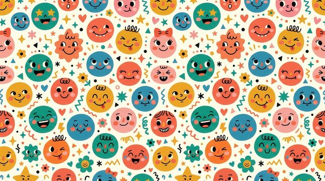 Colorful seamless with happy cartoon faces, varied expressions & tiny shapes