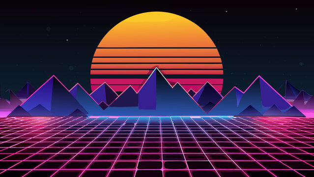 Retro synthwave landscape with glowing neon grid and mountains under sunset synthwave retrowave mountains landscape vaporwave eighties abstract futuristic illustration stylized perspective