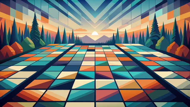 Abstract geometric landscape with mosaic tile foreground and sunset pine forest background landscape abstract geometric colorful background illustration creative perspective panoramic