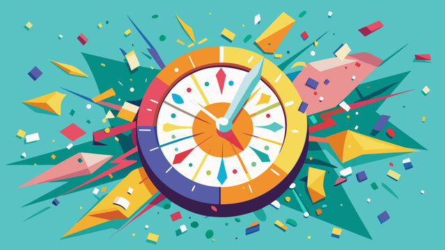 Stylized abstract clock face with radial colorful design and geometric fragments geometric colorful explosion abstract illustration fragments timepiece circular segments deadline planning