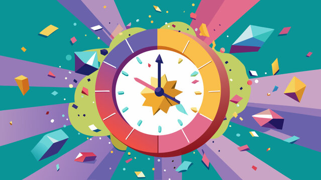 Conceptual clock surrounded by exploding colorful geometric shapes and confetti with deadline countdown explosion geometric confetti colorful business management productivity abstract