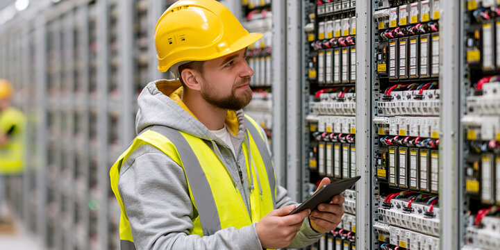 UPS maintenance technician inspecting backup power systems, Battery banks, Critical infrastructure