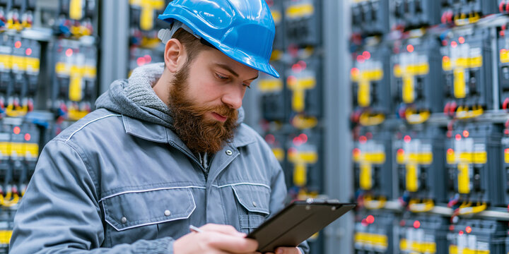 UPS maintenance technician inspecting backup power systems, Battery banks, Critical infrastructure