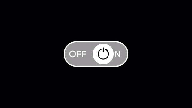 Power switch toggle animation, on off button interface, startup shutdown control icon, user interface element, digital technology switch design, black background motion graphic