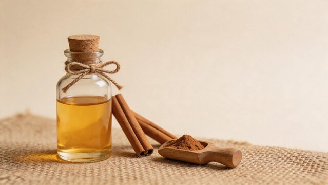 Essence bottle with cinnamon sticks and powder