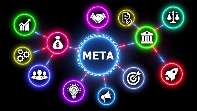 Metaverse abstract concept with neon icons and connected lines motion graphic.