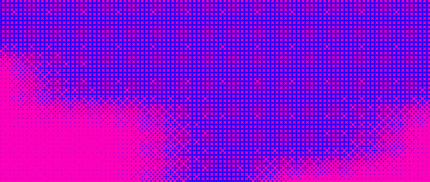Blue pink bitmap pixel texture. Dotted dither gradient pattern background. 8 bit halftone faded pop art gradation wallpaper.
