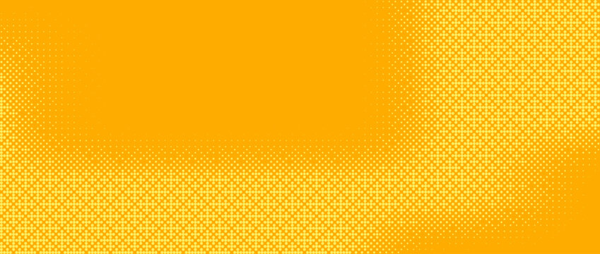Yellow orange bitmap pixel texture. Dotted dither gradient pattern background. 8 bit halftone faded pop art gradation wallpaper. Vanishing raster video arcade game backdrop for banner, poster.Eps10