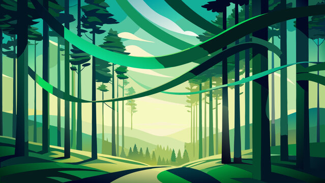 Stylized forest landscape illustration with green pine trees landscape woodland background stylized illustration abstract wilderness peaceful environment evergreen sunlight minimalist