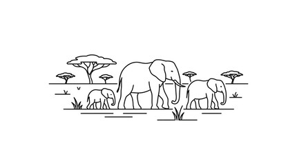 Minimalist Elephant Family Safari Scene with Acacia Trees ©  Dani riza