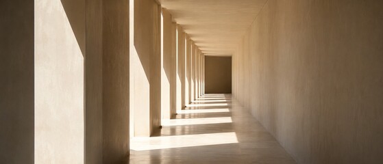 Naklejka premium Minimal Architectural Corridor with Rhythmic Sunlight and Clean Perspective AI Generated