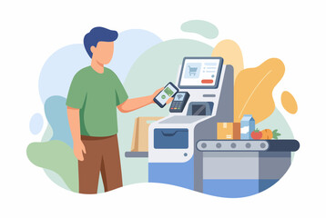 Fototapeta premium Man using self service kiosk for touchless mobile payment
