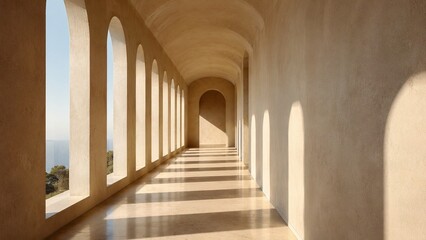 Obraz premium Luxury Mediterranean Arcade Corridor with Elegant Sunlight Shadows and Architectural Perspective AI Generated