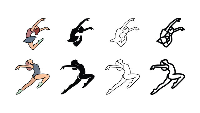 Eight different ballet dancers in various poses and colors on white background