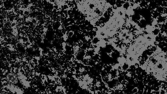 Abstract black and white textured surface with irregular patches, rough grain, and striking contrast. Grunge texture background animation.