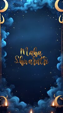 Gold maha shivaratri lettering night sky clouds moon trishula lamps starry background. Suitable for festive designs, invites, social media posts.