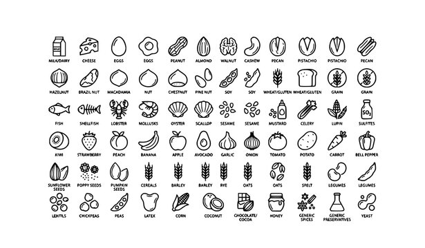Food Allergen Icon Set Editable Line Style Black and White Vector Collection
