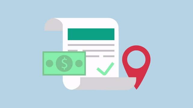 Scroll paper with dollar bill and location marker, Finance management 2d animation with alpha matte