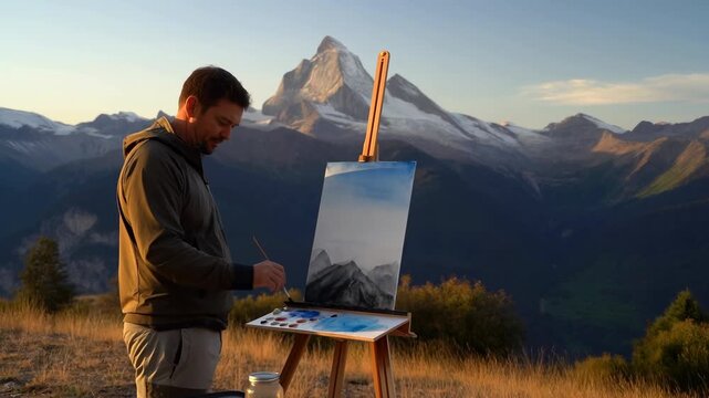 Artist painting a mountain scene at sunrise on a quiet hillside