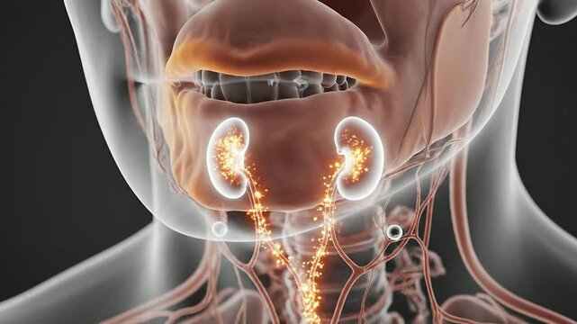 Detailed Anatomical Visualization of Throat Infection and Lymph Nodes with Transparent Neck Anatomy Highlighting Pathways for Medical Education