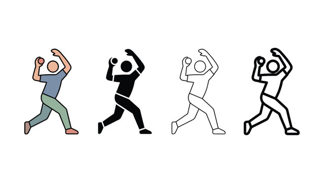 Four lineart illustrations of people throwing balls in different styles and colors side by side