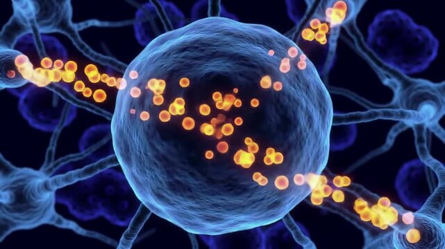 Detailed Close-Up Visualization of Cell Engaging in Oxygen Exchange with Orange Particles on Dark Background
