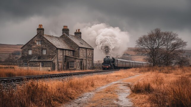 Vintage steam train traveling through rural landscape near traditional stone house amidst muted colors and moody sky during overcast weather