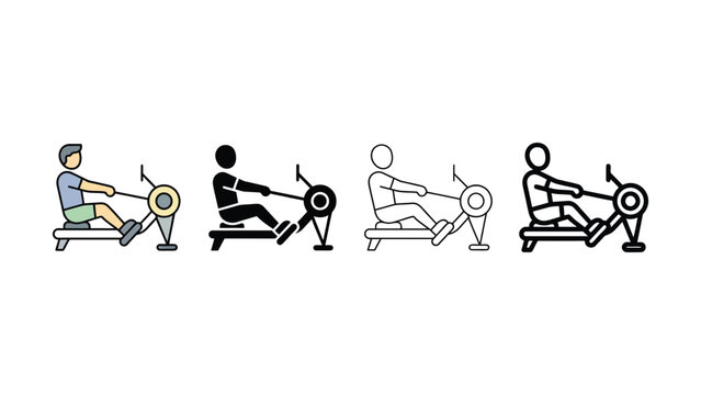 Four people exercising on rowing machines in different styles and colors side by side