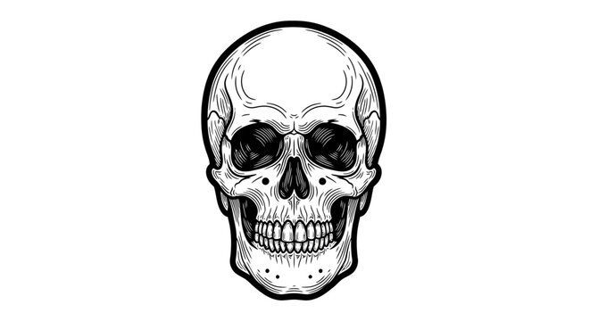 Detailed vintage style human skull illustration with strong lines and shadows, front view. Black and white anatomy vector.