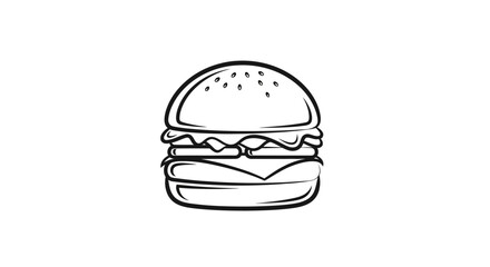 Fototapeta premium Detailed hand-drawn style hamburger icon, black and white line art illustration of a classic fast food burger with bun, patty, and cheese