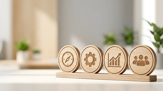 Wooden circular blocks with business icons standing on a wooden base Concept of corporate strategy alignment team management workflow and financial growth performance