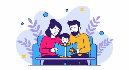 Naklejka premium Mom dad boy sit on blue couch read new book at home for joy and fun