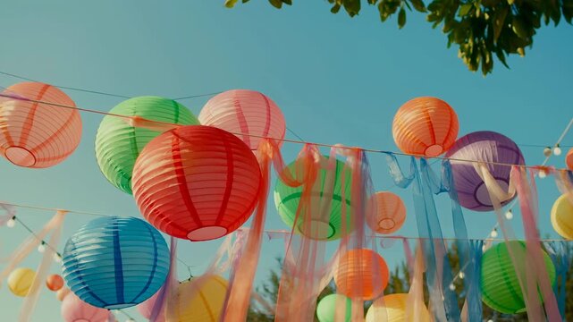 Colorful lantern decorations hanging against a blue sky