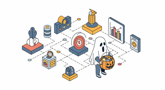 Halloween ghost child with pumpkin basket in isometric tech network data analysis marketing concept vector design icon