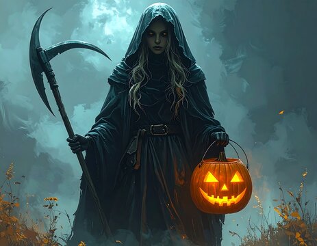 Mysterious hooded figure holding glowing orb.