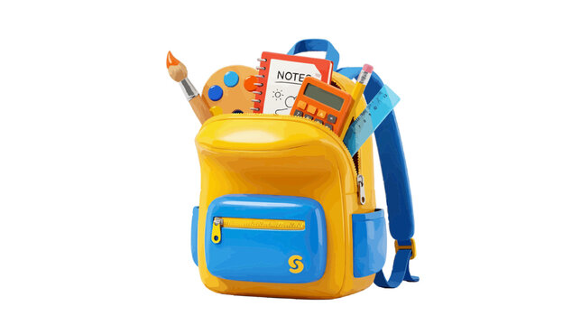 Vector illustration of yellow school backpack filled with stationery supplies on a transparent background