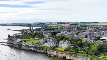 Fototapeta premium Aerial View of St Andrews Coastline with Historic University and Cathedral