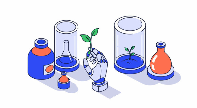 A bot hand with a leaf in lab for bio and tech and art and life