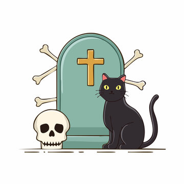 Halloween Black Cat and Tombstone with Skull and Bones