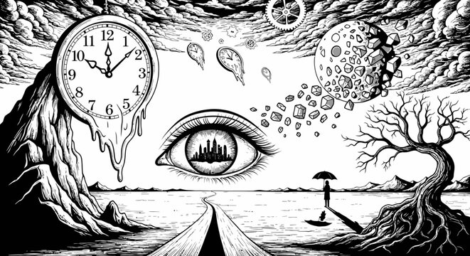 Surreal Dreamscape: Melting Clock, Cosmic Eye with City Reflection, Endless Road, and Barren Tree in Black and White Illustration