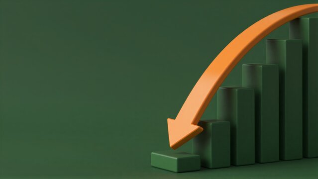 Orange arrow points down over green bars, symbolizing decline or decrease.