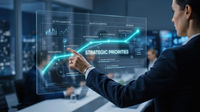 Business professional pointing at a holographic display showing strategic priorities and growth chart