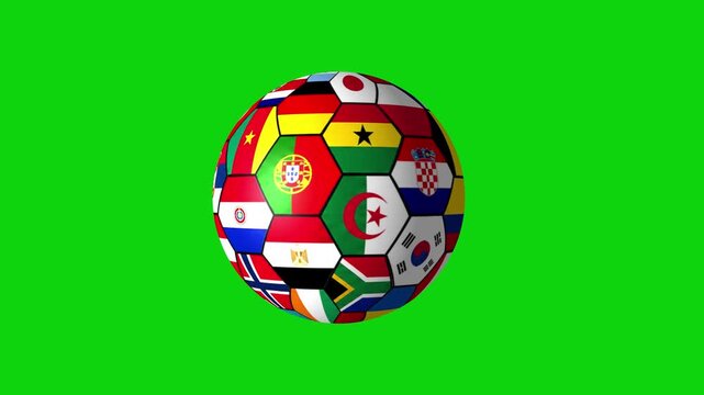 Rotating soccer ball with world flags on green screen. 4K Video
