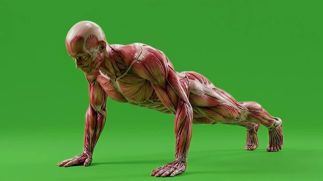 3D Anatomical figure performing Standard Push-ups.