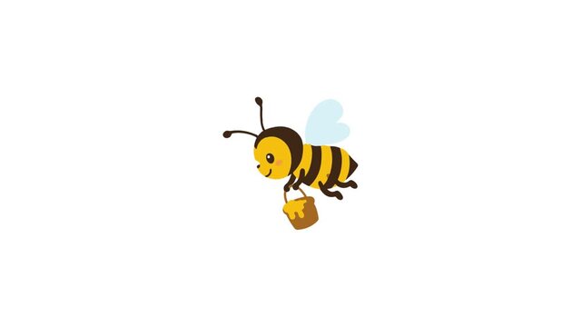 Cute cartoon bee flying and carrying honey pot animation. 4K Video